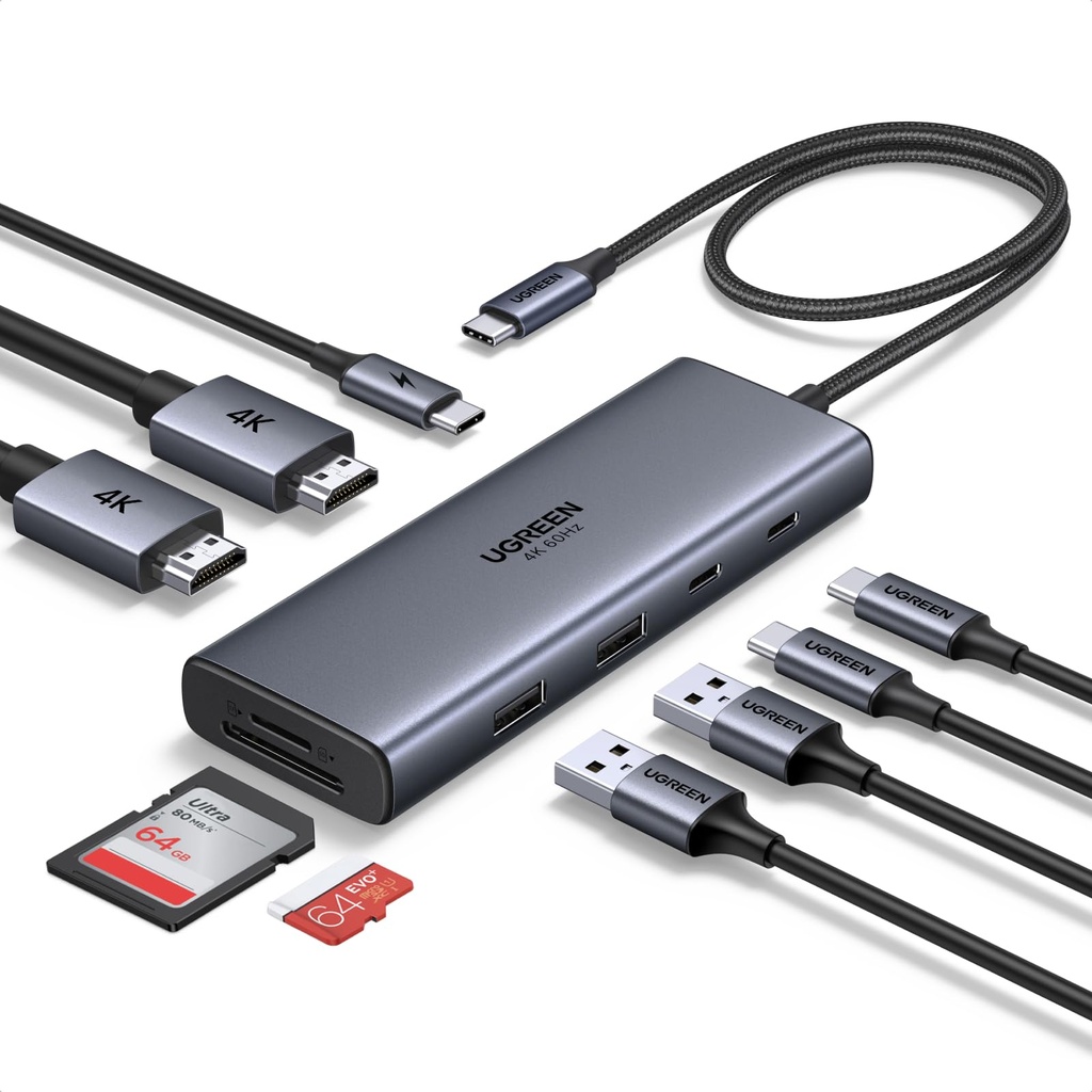UGREEN Laptop Docking Station Dual Monitor, Dual 4K@60Hz 9-in-1 USB C Hub