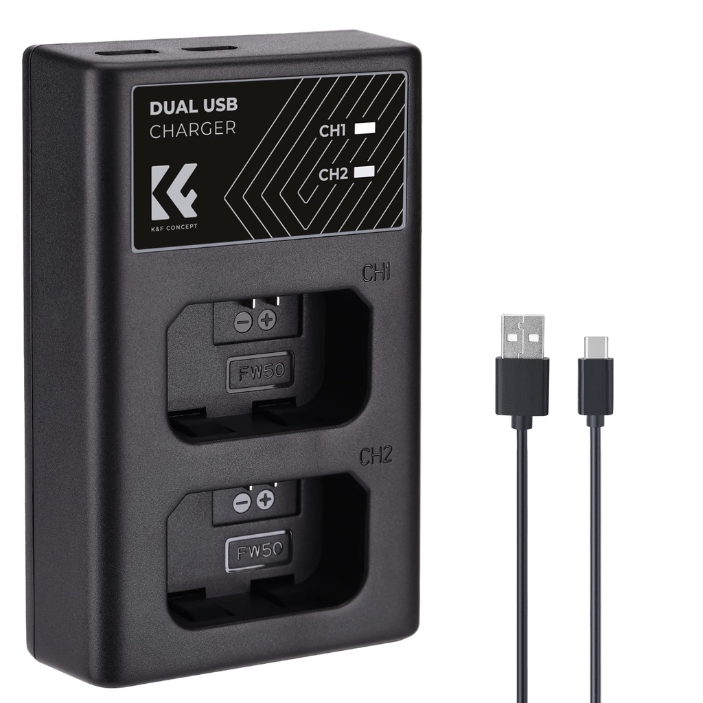 K&F CONCEPT NP-FW50 Dual Slot Fast Camera Charger for Sony ZV-E10, A6000, A6500, A6300, A64