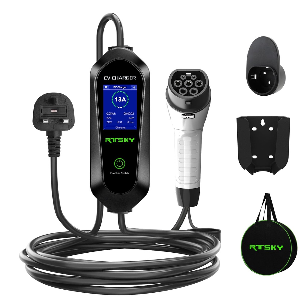 RTSKY Ev Charger Cable Type 2 to 3 Pin UK Plug, 3KW 13A with Adjustable Current, Includes U