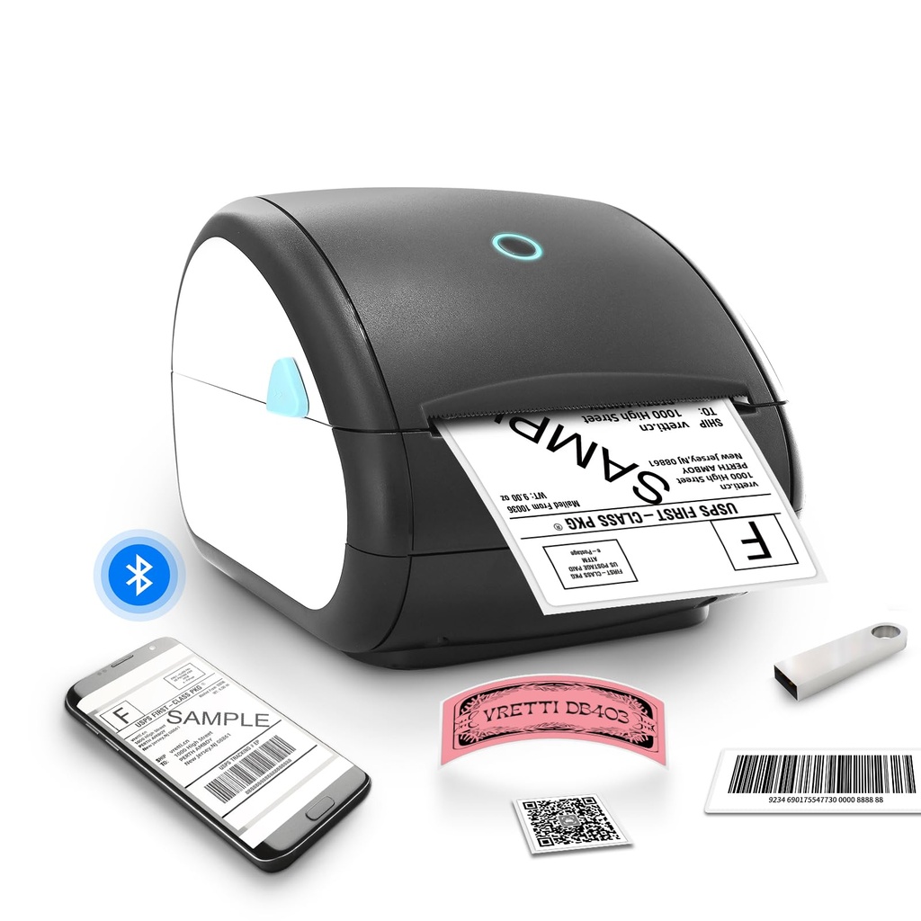 vretti Shipping Label Printer,Built-in Large label Tray,Bluetooth & USB