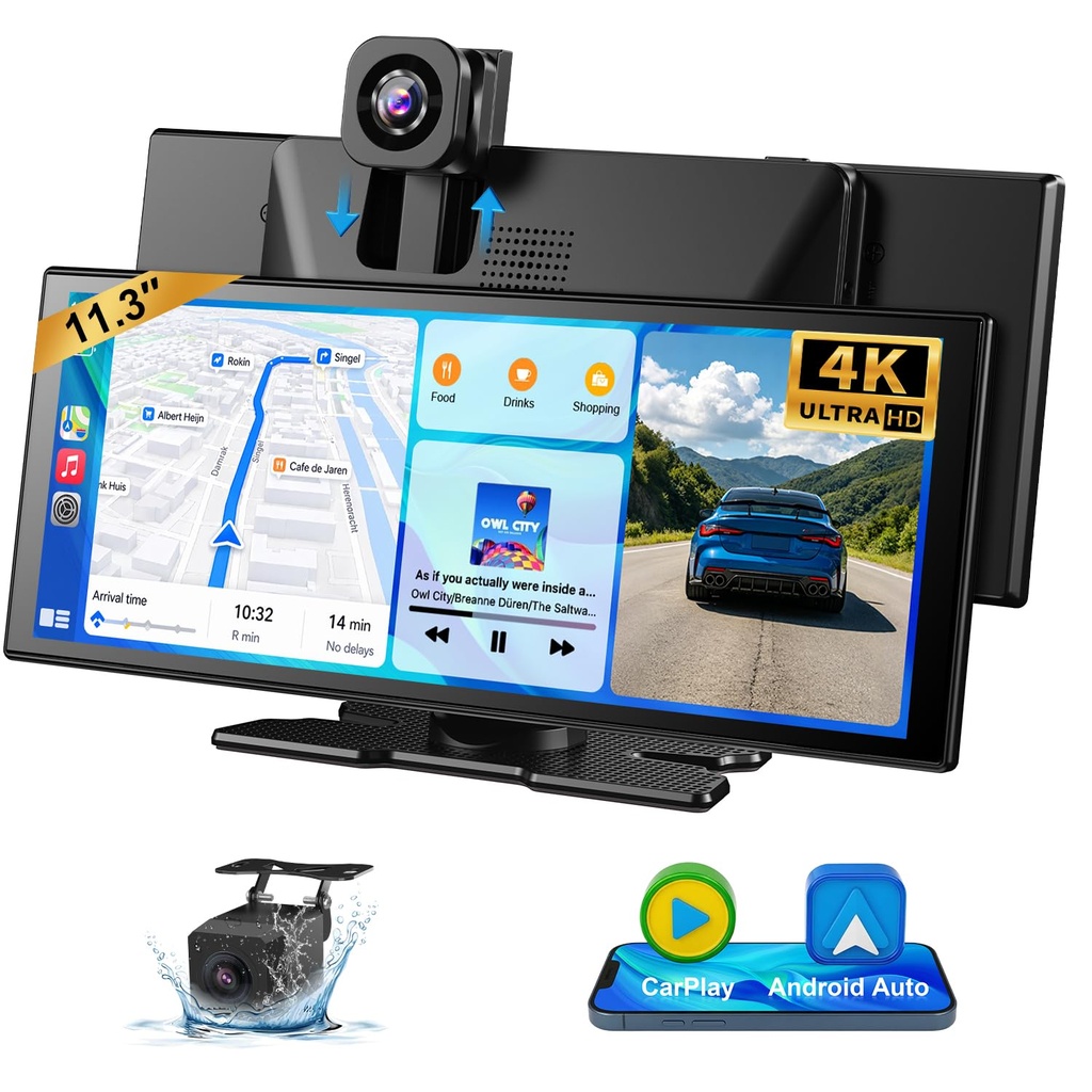 ESSGOO 11.3" Wireless CarPlay & Android Auto Screen with Dual Cam