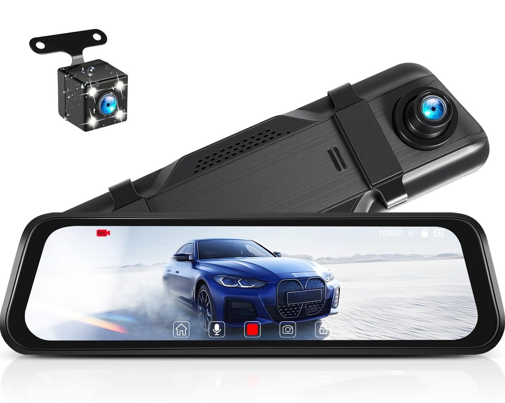 CAMECHO Mirror Dash Cam Front and Rear 9.66 Inch 1080P Full Touchscreen Rear View Mirror Ca