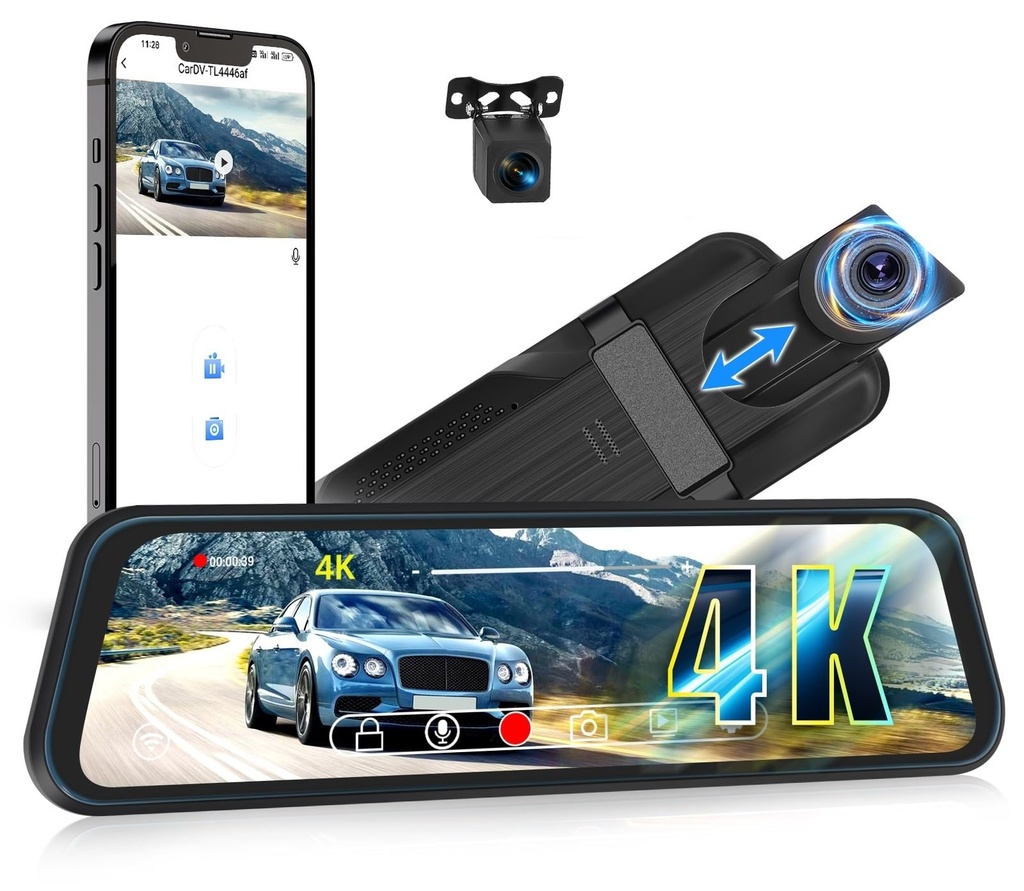 CAMECHO 4K Mirror Dash Cam with WiFi, 9.66" Full Touch Screen Rear View Mirror Camera for C