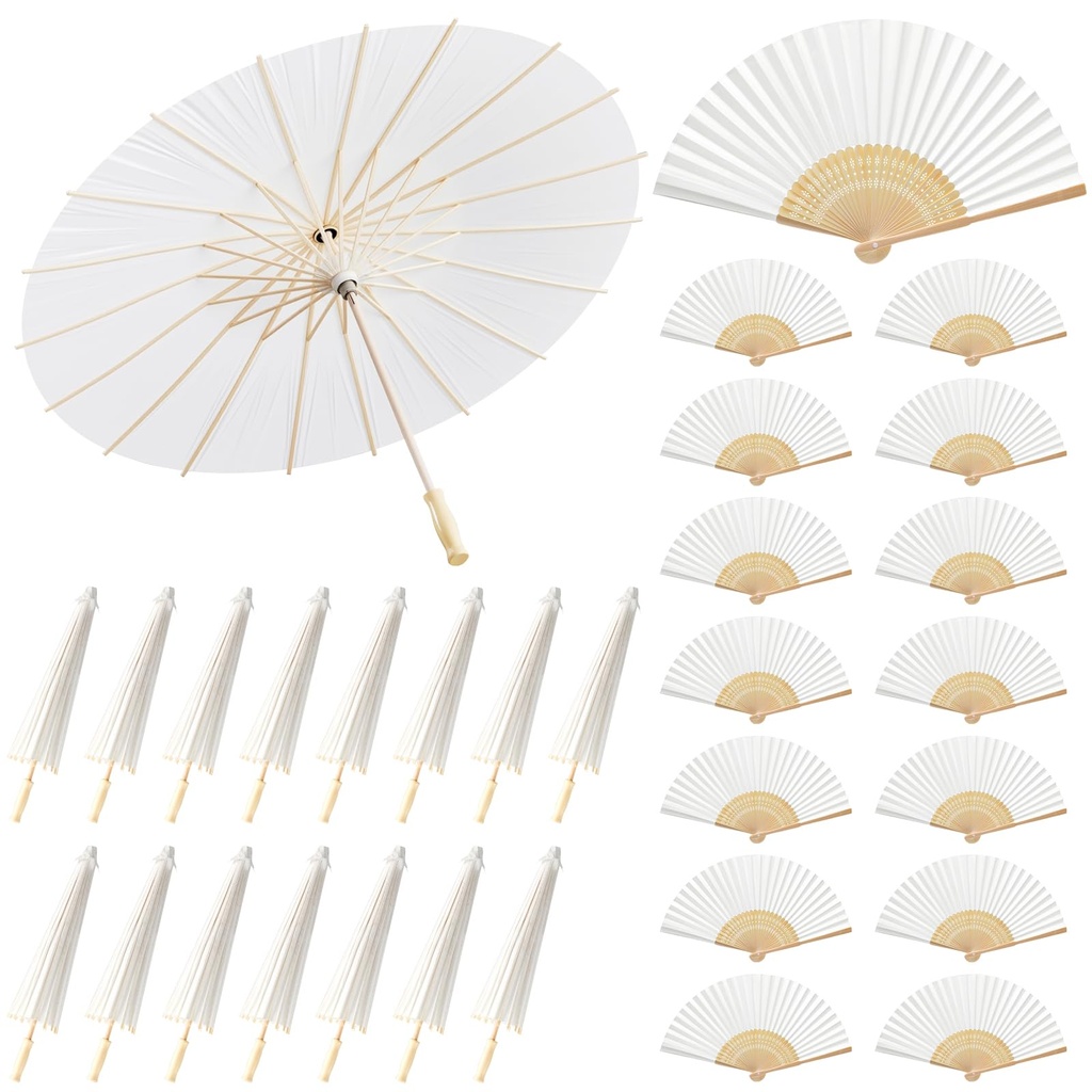 Hestya 30 White Paper Parasol 60 cm and 30 Wedding Fan Vintage Oiled Paper Japanese Umbrell