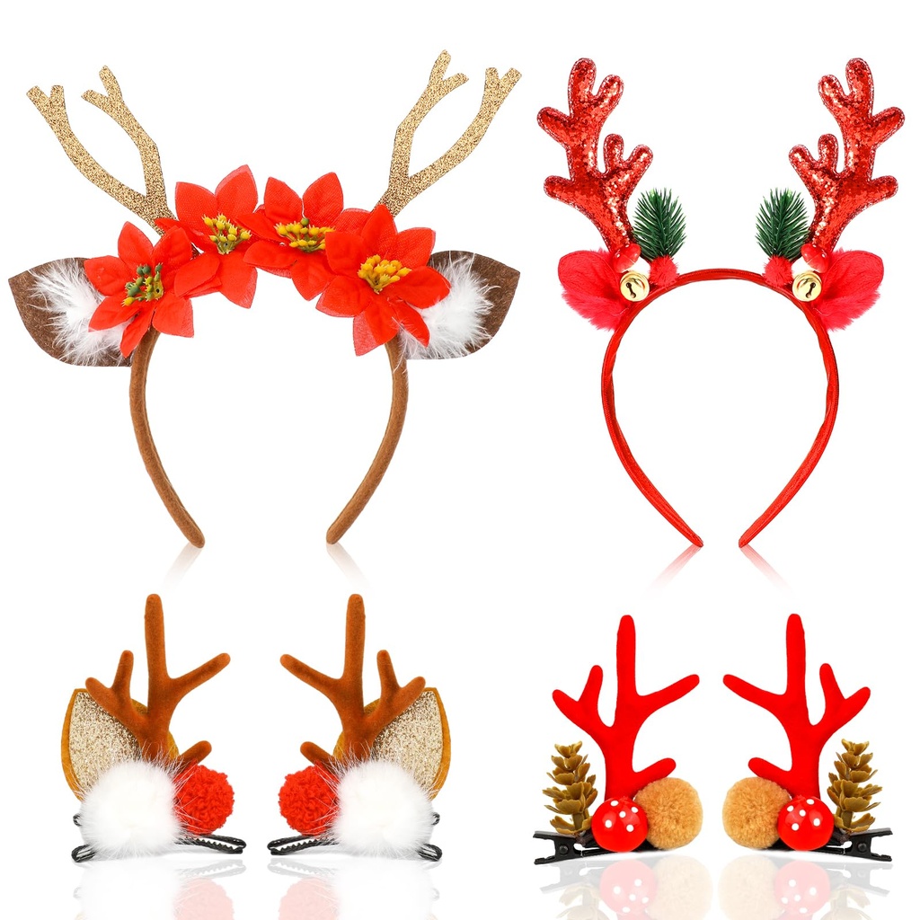 HOWAF 4 Christmas Reindeer Headband & Hair Clips, Christmas Headbands Reindeer Antlers Head