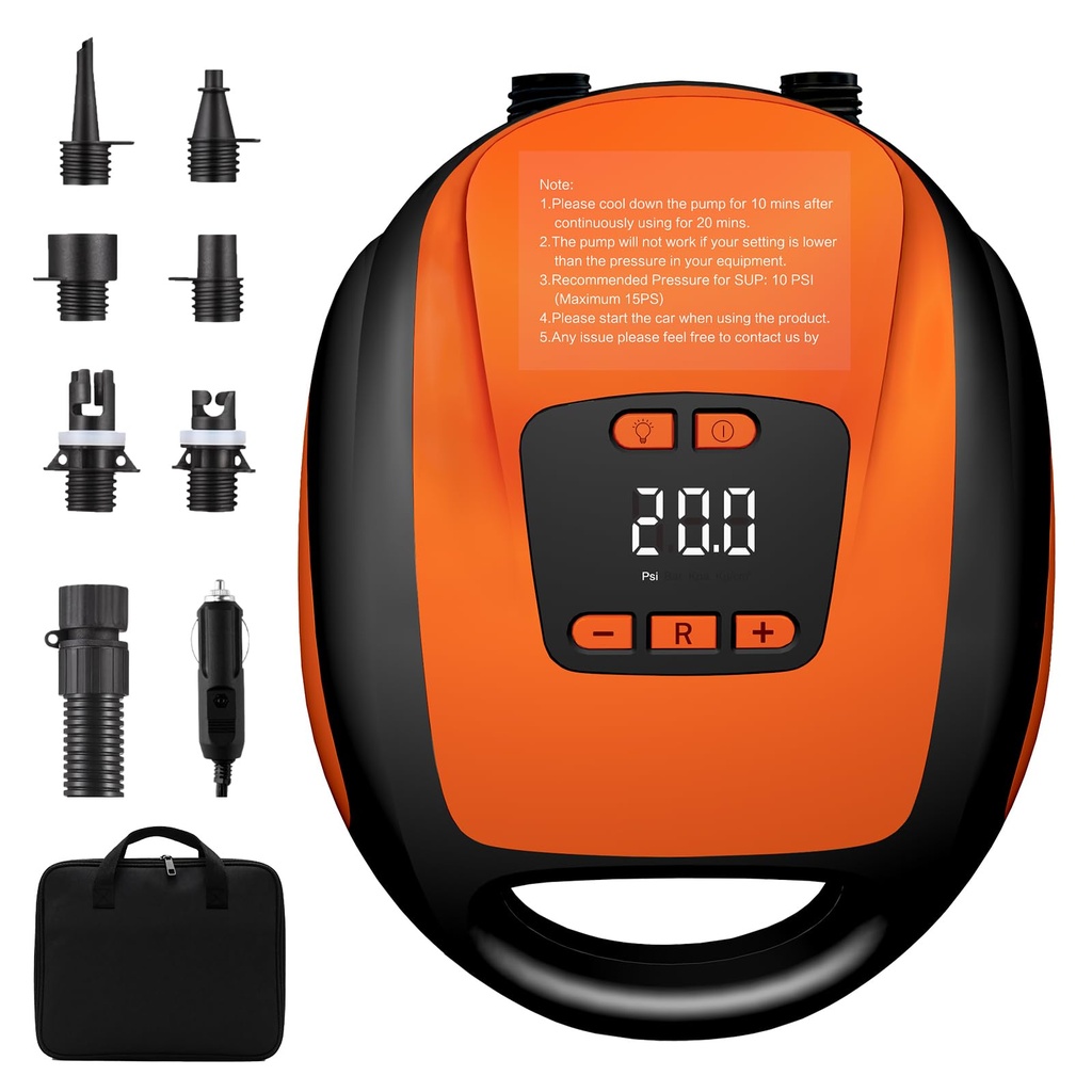 20 PSI Electric SUP Pump, 12V Car Paddle Board Pump with Auto-Off & Deflation, Dual Stage F