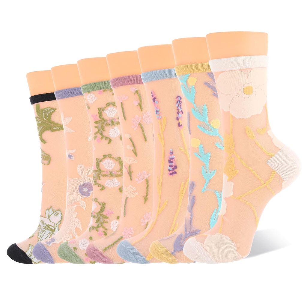 Xialvyu 7 Pair Sheer Socks Women Ankle, Lace Thin Pop Printed Flower Pattern, Breathable Me