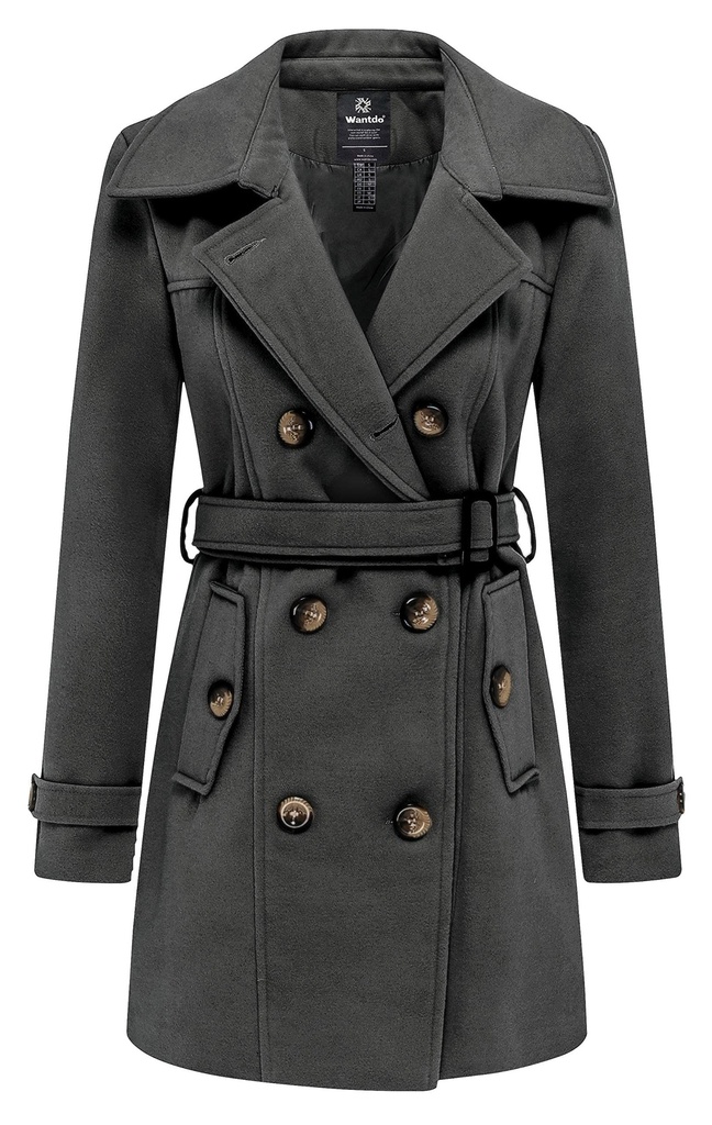 Wantdo Women's Double Breasted Wool Coat Winter Coat Dark Grey-New XL