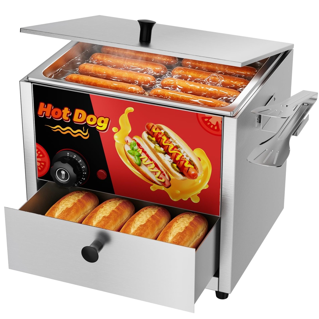 PATIOZA Hot Dog Steamer 600W Stainless Steel Dual Tier Sausage & Bun Warmer