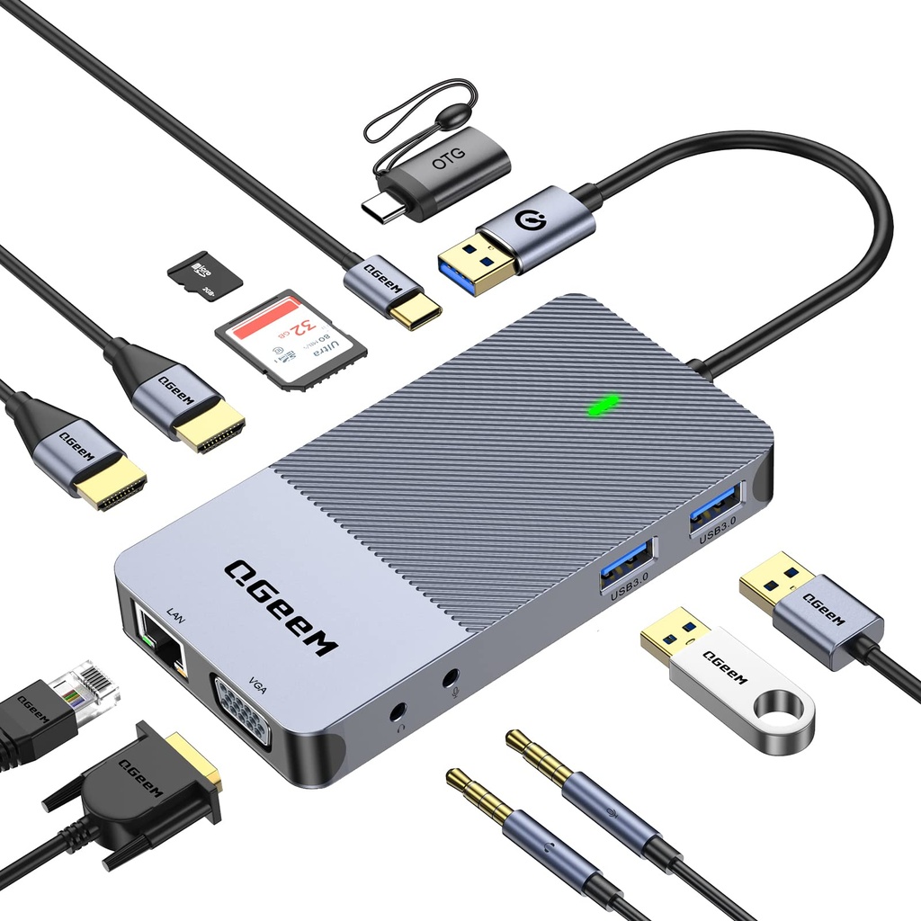 USB Docking Station, QGeeM USB C Hub 3.0 to Dual HDMI VGA Adapter,Triple Display Dual Monitor