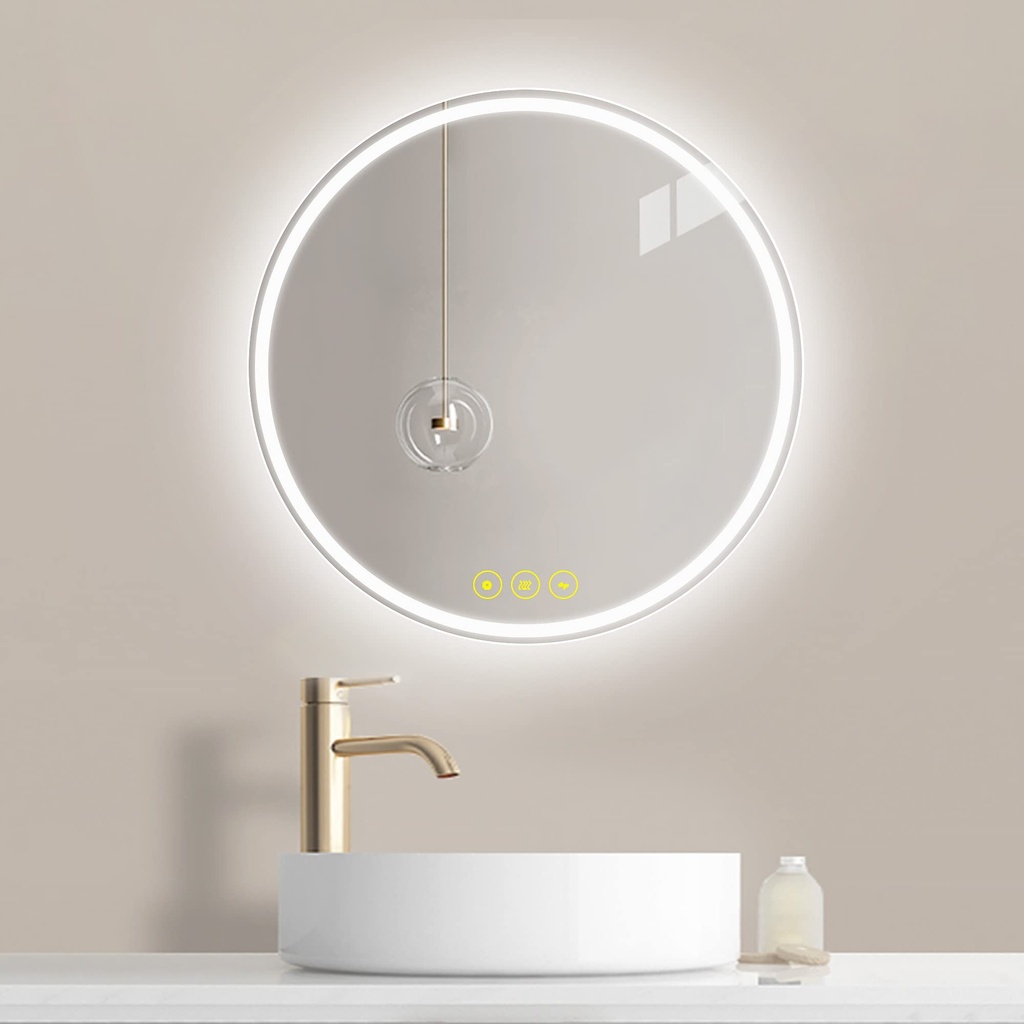 ICYWANG Round Mirror with Lights Illuminated 500mm Bathroom LED Mirror Anti-Fog Backlit Light
