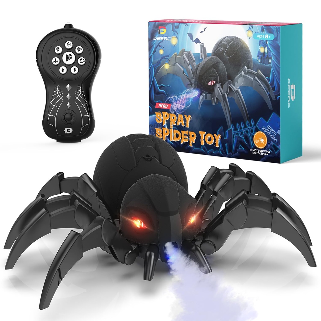 DEERC Robot Spider, Remote Control Spider with Spray and Lights, Black Widow Toy for Kids,