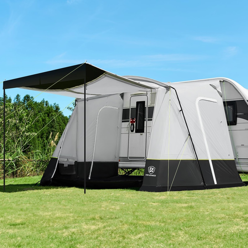 EVER ADVANCED Campervan Awning 350x260x245cm, Caravan Awning with 2 Windows, Side Doors, PU