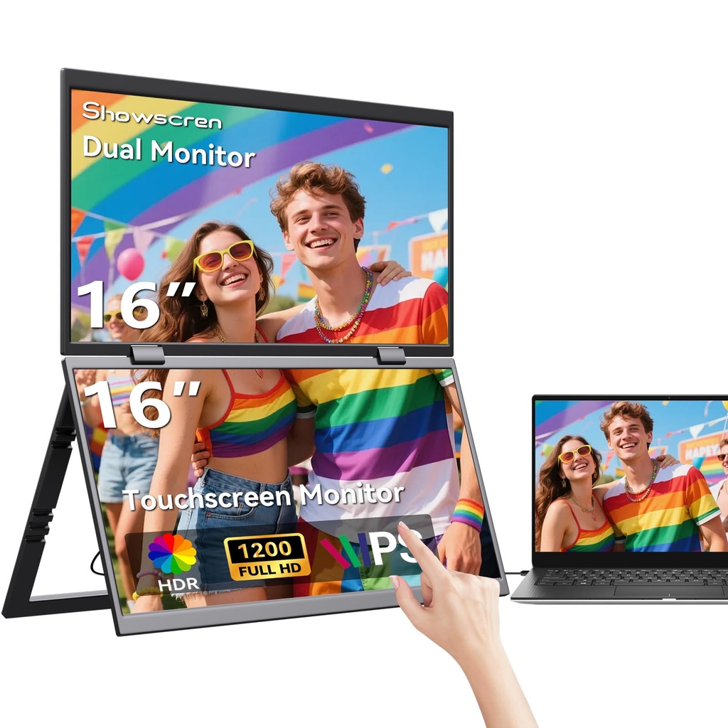Showscren 16 Inch Foldable Dual Touchscreen Portable Monitor, Stacked Dual External Laptop