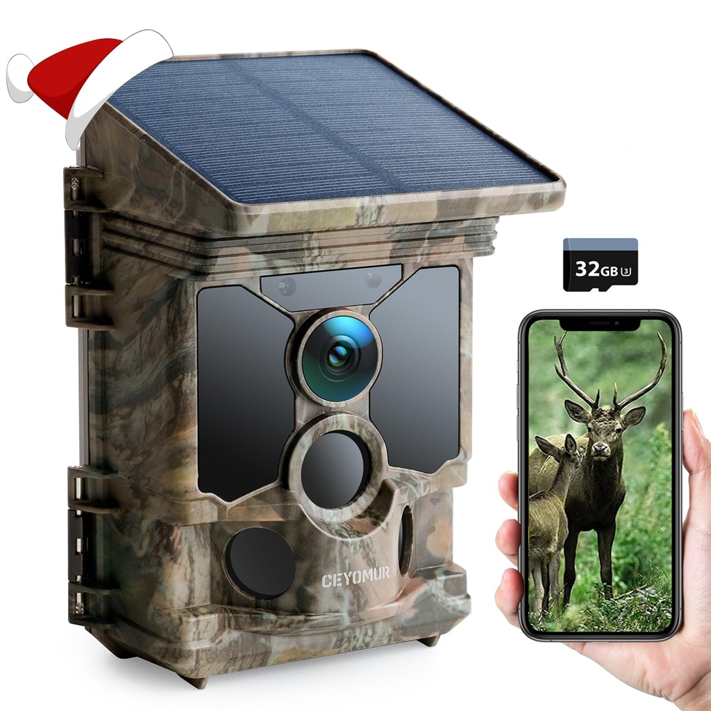 CEYOMUR Solar Wildlife Camera 4K 68MP 30fps, WiFi Trail Camera with TF Card
