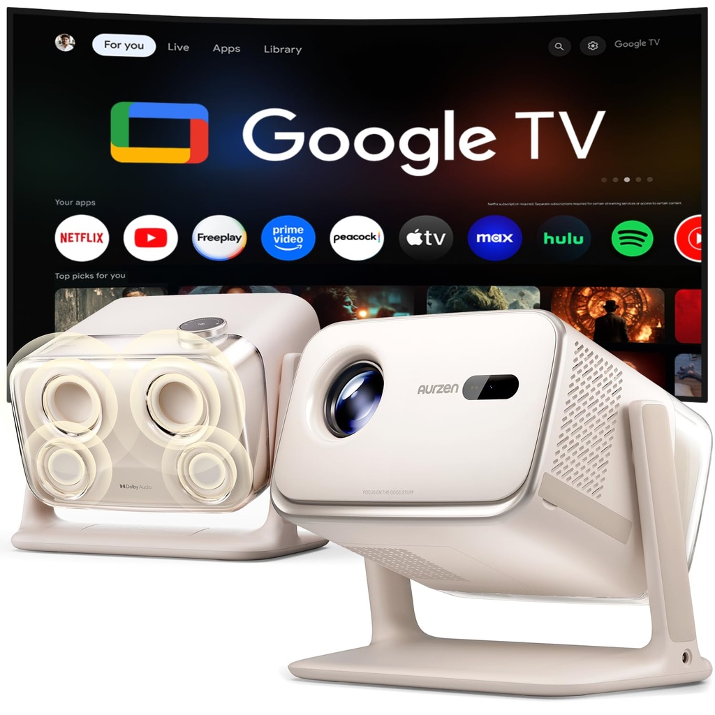 Aurzen BOOM Mini Smart Projector with Google TV, 500 ANSI, Off-White