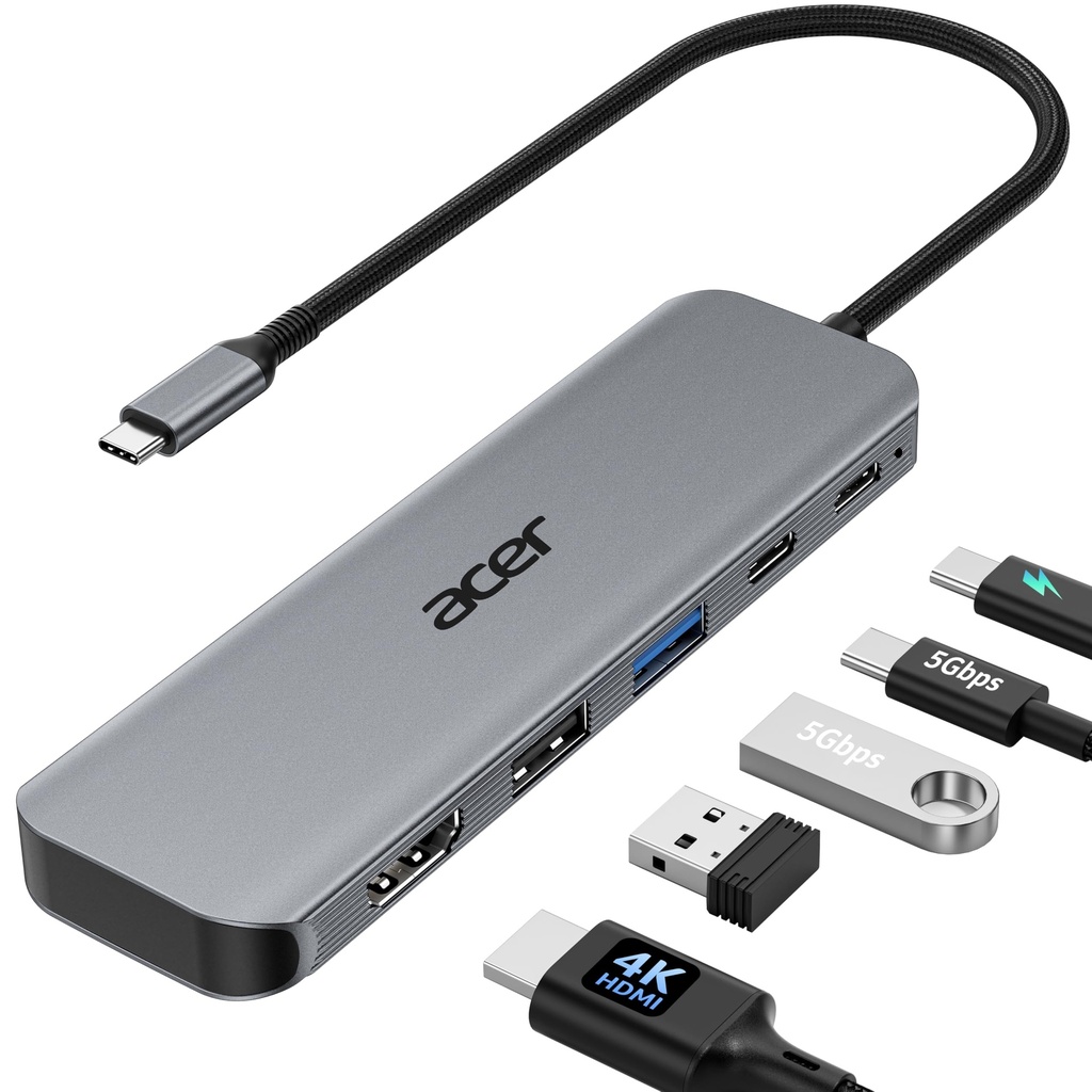 Acer USB C Hub 5-in-1, USB-C to HDMI 4K@60Hz, USB-A+C 5Gbps Data, PD 100W