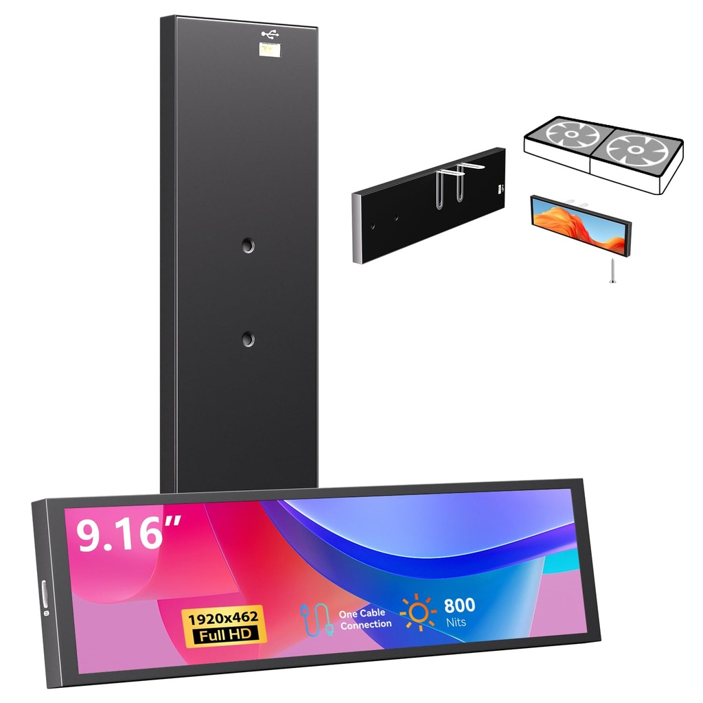 9.16" Computer Temp Monitor, FHD 1920x462 PC Sensor Panel One-Cable Connection(No HDMI Need