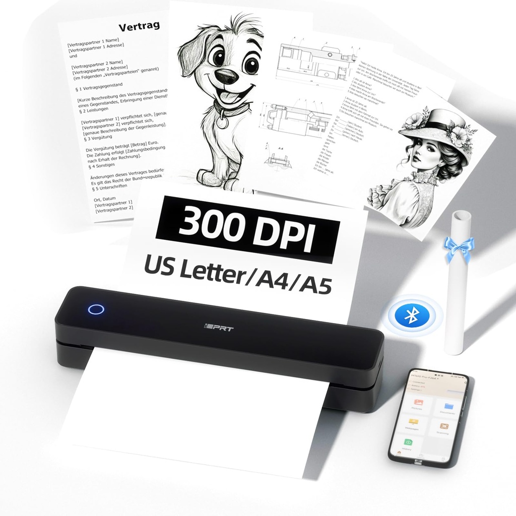 iDPRT Portable Thermal Printer A4 Inkless Wireless Bluetooth 300 DPI Compatible with iOS, A