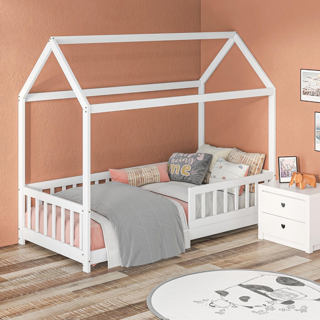 HOMCOM Toddler Bed Kids Single Bed Frame, House-Shaped Solid Pine Wood with Guard Rails for