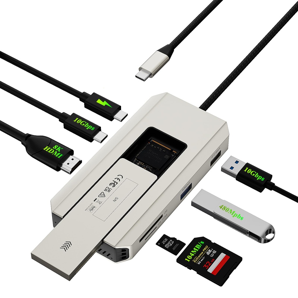 Minthouz 10Gbps USB C Hub, 8K@30HZ HDMI M.2 PCIe NVMe/SATA SSD Enclosure