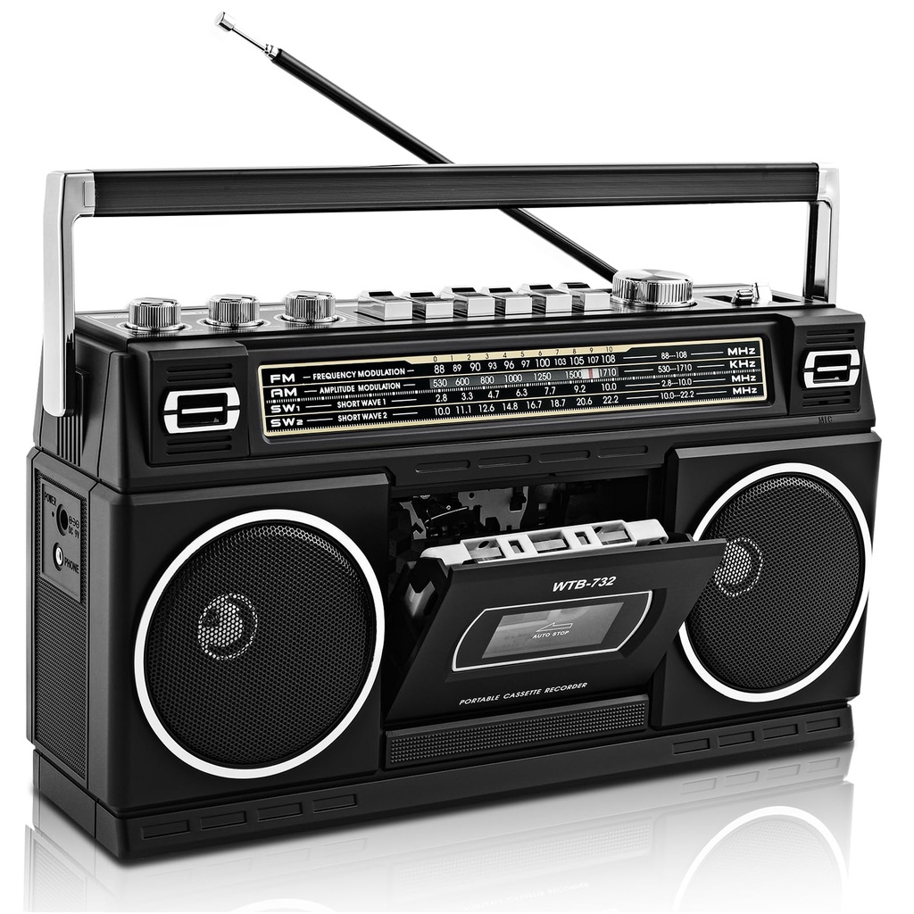 Vintage Classic 80s Style Portable Stereo Boombox with Cassette Player Recorder, Bluetooth,
