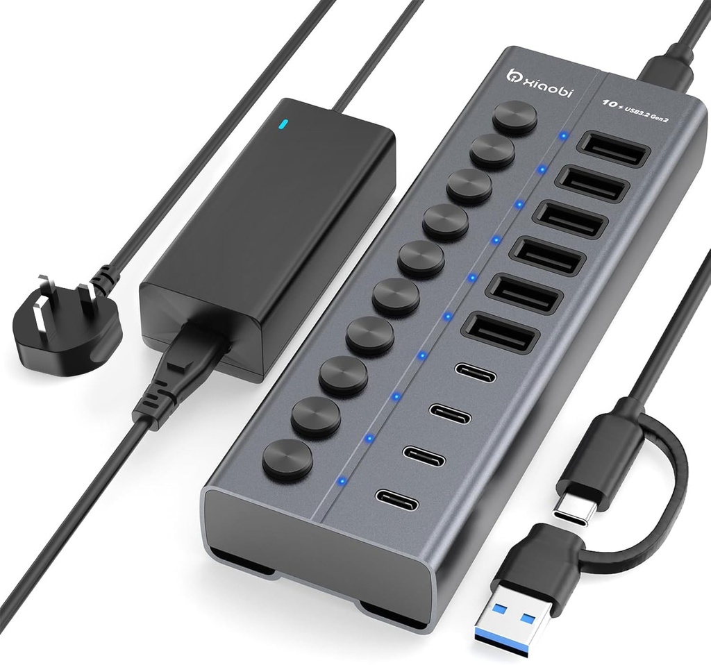 Powered USB Hub, 10-Port USB C Hub with 6 USB-A 3.2, 4 USB-C 3.2 Ports, Individual Switches