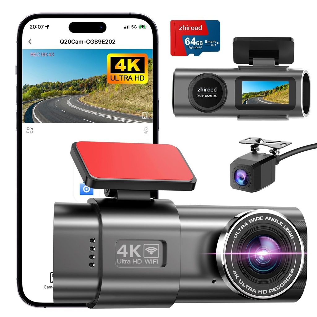 4K Dash Cam Front and Rear,Dual Channel Dash Camera for Cars WiFi Dashcam with 64GB SD Card