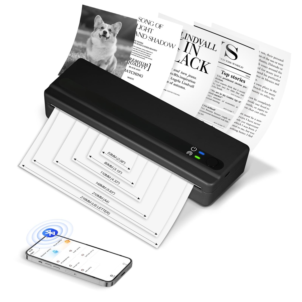 SMOCTAR Portable Thermal Printer A4 Wireless, Inkless Bluetooth Printer
