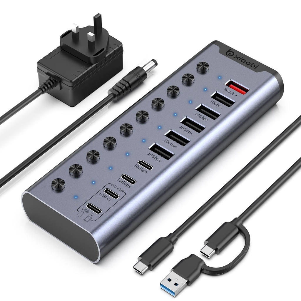 Powered USB Hub, 10-Port USB C Hub with 5*USB-A 3.2, 2*USB-C 3.2 and BC1.2&2*PD 45W Chargin