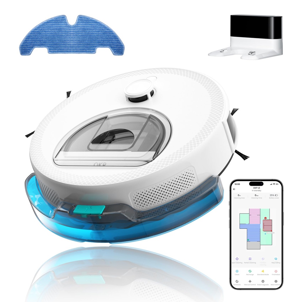 OKP Robot Vacuum Cleaner with Mop, 6000Pa Suction, dToF Laser Navigation,Smart Mapping, 160