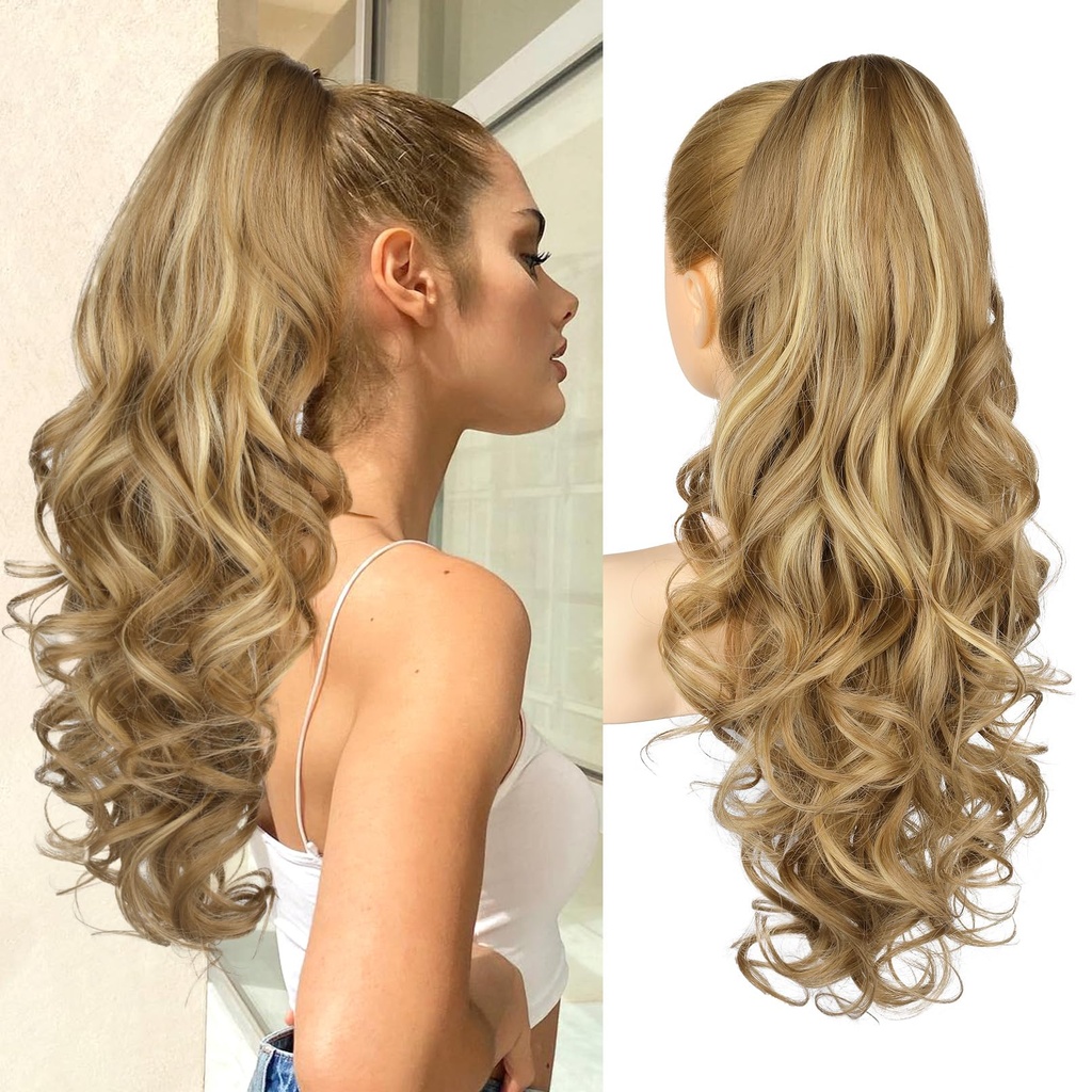 REECHO Ponytail Extension, 24" Claw Clip in Ponytail Extensions Long Curly Wavy Ponytail Ha