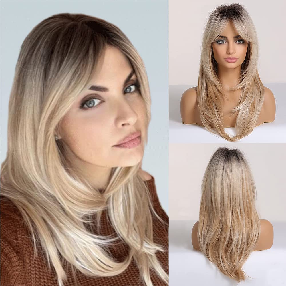Ms Taj Blonde Wig for Women Long Layered Wig with Fringe Slight Curly Synthetic Wigs for Wo