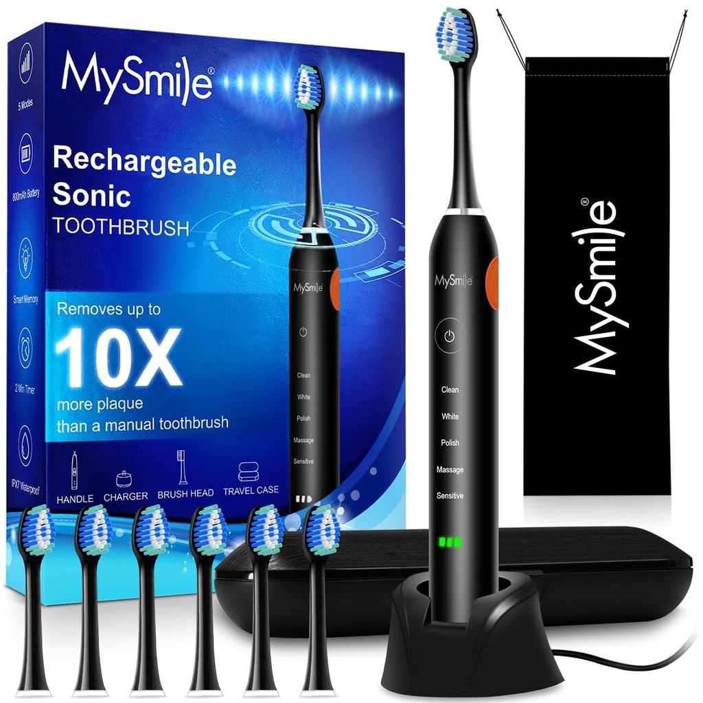 MySmile UC605 Electric Toothbrush, 80+ Day Battery, 6 Heads & Travel Case
