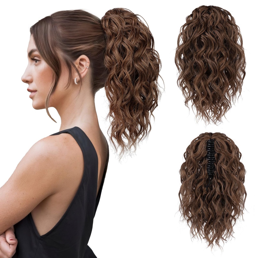 Flufymooz Ponytail Extension, 12" Short Claw Ponytail Extension Wavy Curly Jaw Clip in Pony