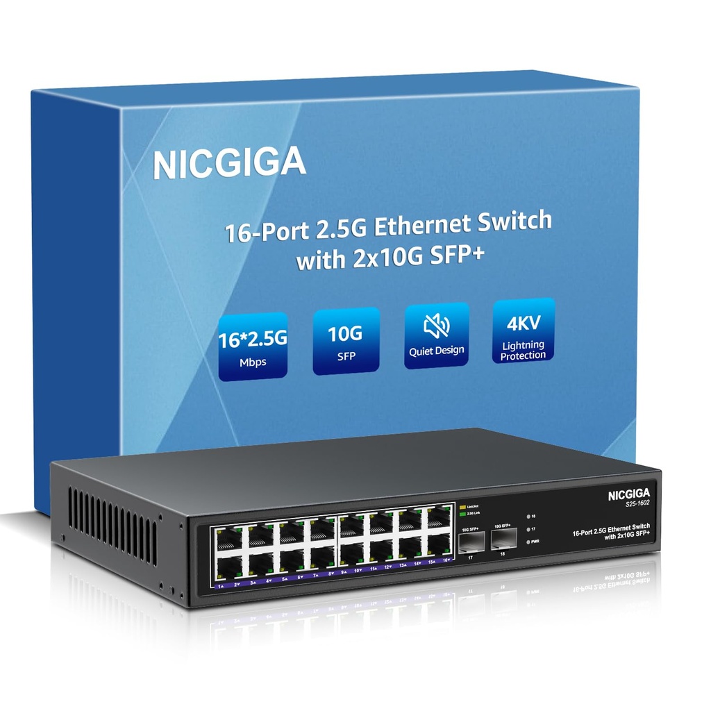 16 Port 2.5G + 2 Port 10G SFP+ Ethernet Switch, NICGIGA 18 Port 2.5Gb Network Switch Unmana