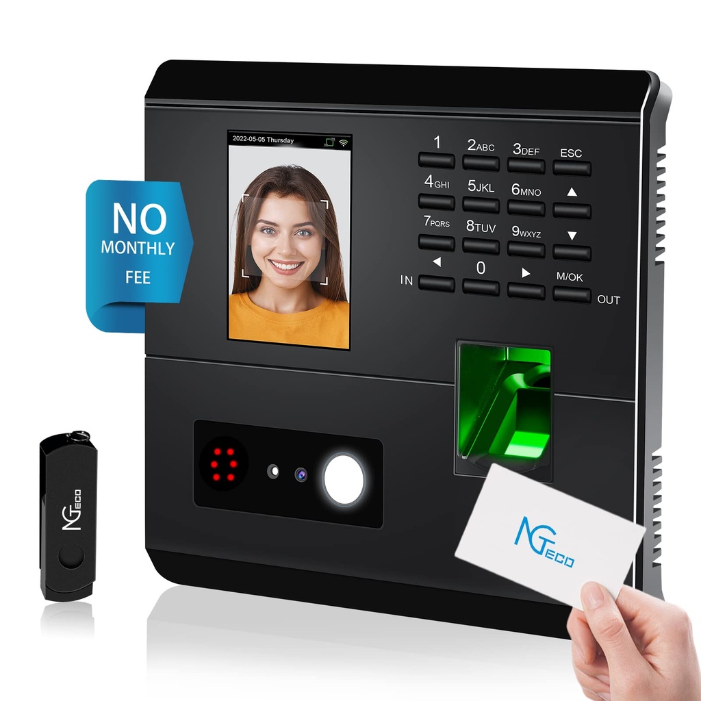 NGTeco Clock in Machine, MB1 Time Clocks for Employees Small Business with Face, Fingerprint