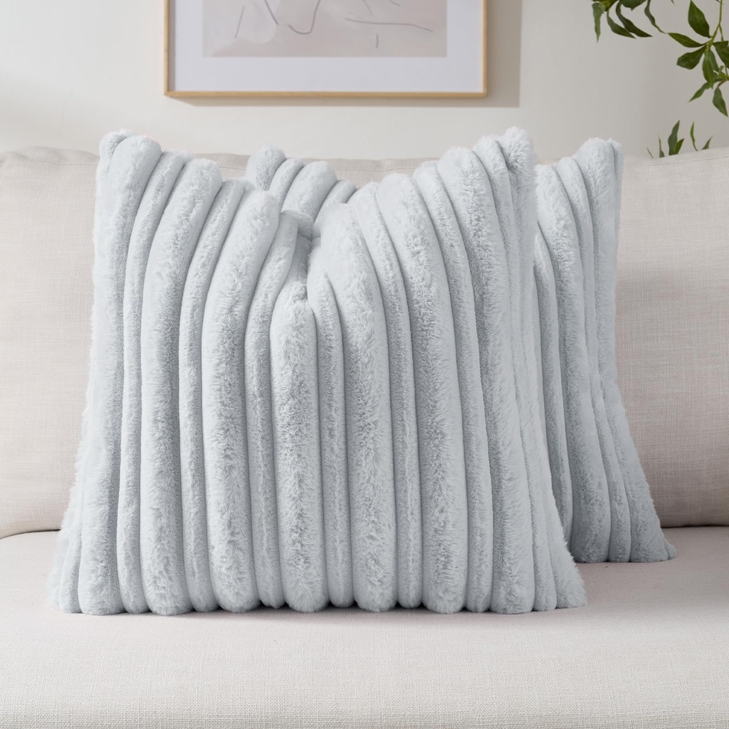 FUTEI Set of 2 Fluffy Faux Rabbit Fur Cushion Covers 50x50 cm,Light Blue