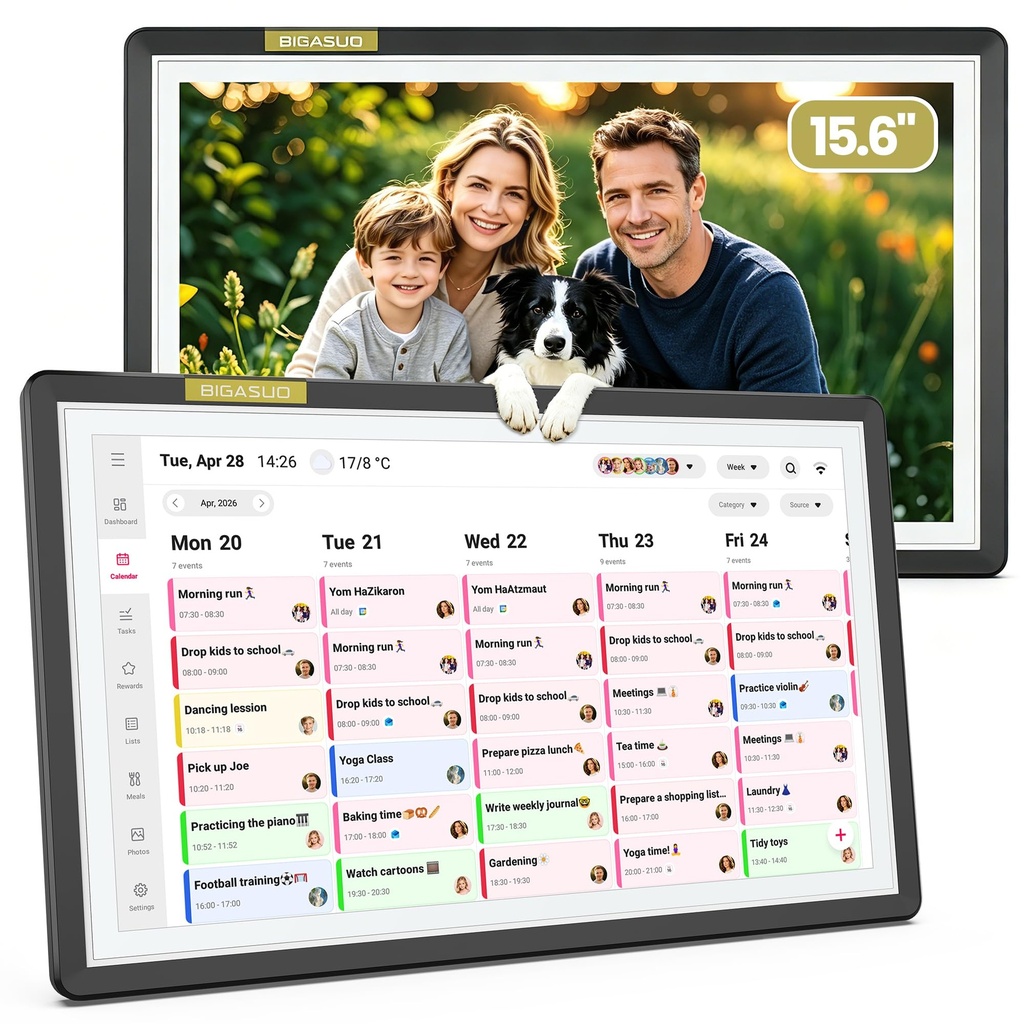 BIGASUO 15.6" Digital Calendar, 1080P FHD Interactive Touchscreen Wall Planner & Organiser,