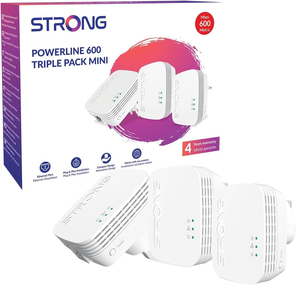 STRONG AV600 Powerline Adapter Kit, 100Mbps LAN, 3 Pack