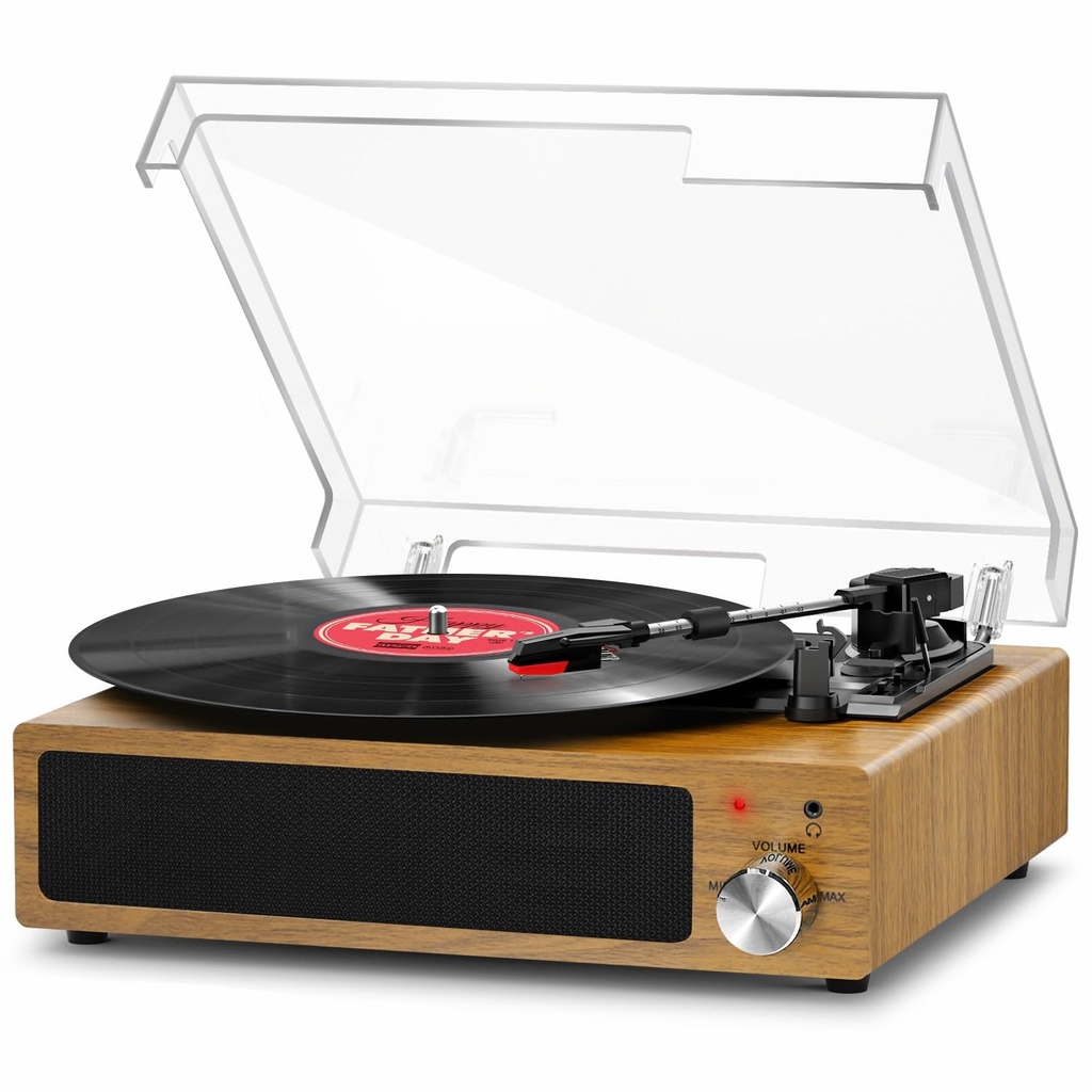 FYDEE Record Player, 3-Speed Bluetooth Turntable, RCA/AUX, Teak for Gifting