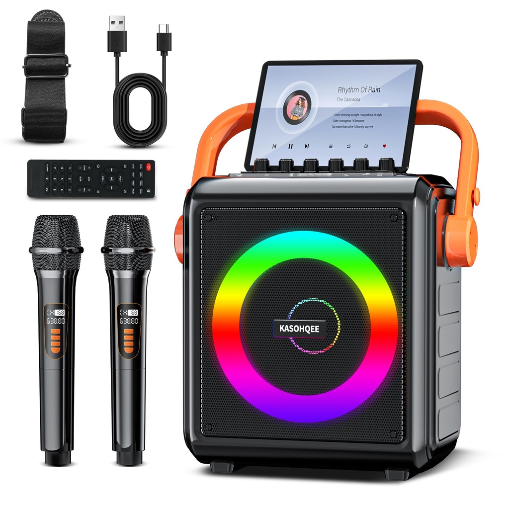 KASOHQEE Karaoke Machine for Adults with 2 Wireless Microphones, Portable Bass/Treble Bluet