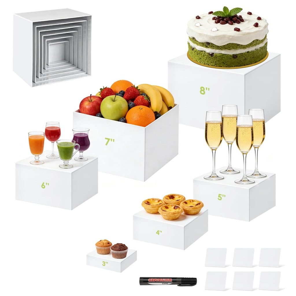 Buffet Risers 6 Pcs Food Display Risers w/Mini Signs & a Pen Acrylic Catering Dessert Jewel