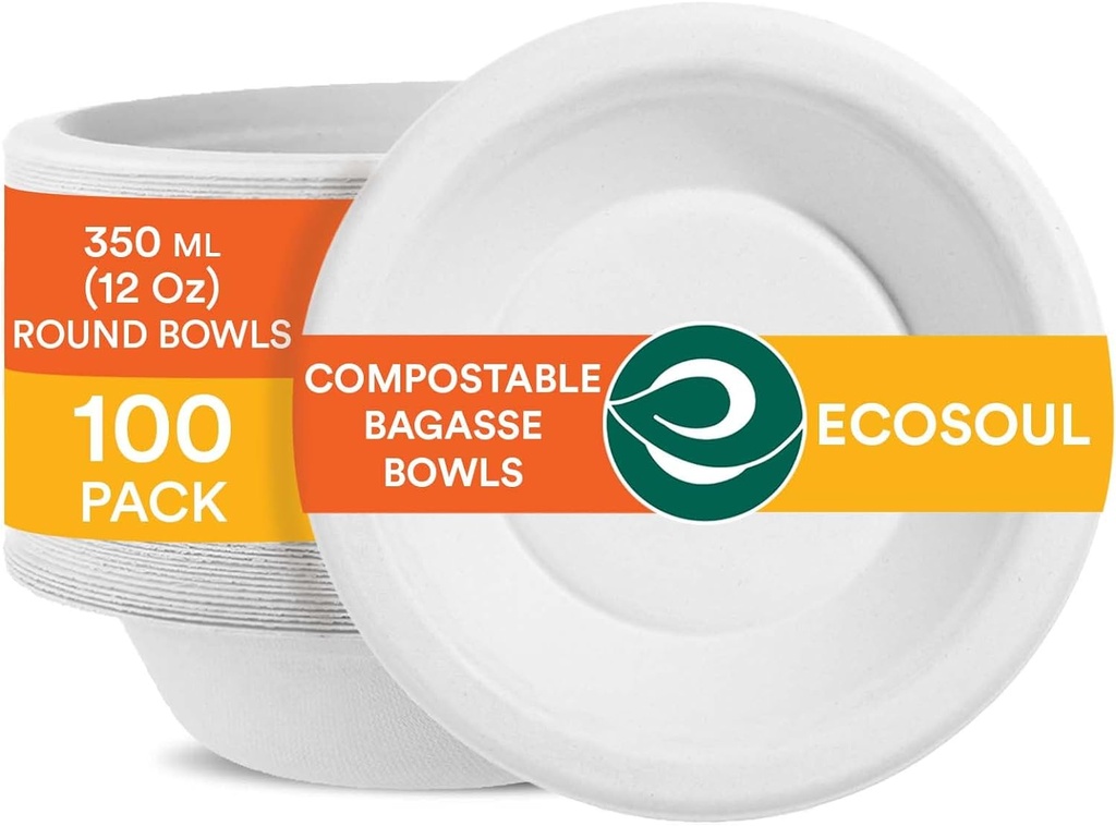 ECO SOUL Pearl White Round 350ml Bagasse Bowls, 10x Times Sturdier Than Paper(Pack of 100)