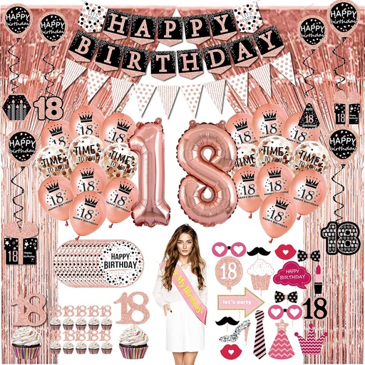 [ITM52569] Job Lot of 9 x Happy 18th Birthday Decorations for Girls, Rose Gold Party deko, Pennant, Hanging Swirl