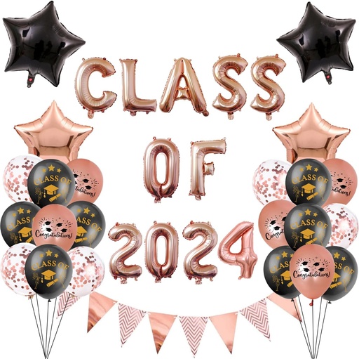 [ITM52737] Job Lot of 32 x Class of 2024 Balloons with Black Star Balloons Set, Hanging Foil Gold Balloons Letter