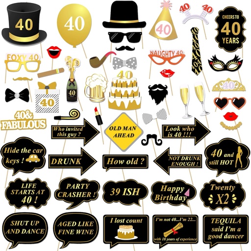 [ITM54147] Job Lot of 11 x Konsait 40th Birthday Photo Booth Props, Black and Gold 40th Birthday Decorations Party Photo