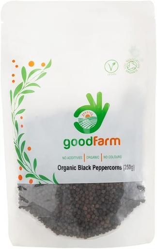 [ITM56193] Job Lot of 53 x GoodFarm Organic Black Peppercorns 250g - Premium Quality, Certified Organic | Malabar Variet (BEST BEFORE OCT 2024)