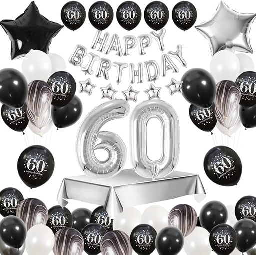 [ITM65133] Job Lot of 24 x 60th Birthday Decorations Black Sliver, 60th Happy Birthday Banner Balloon, 60 Balloons Sliv