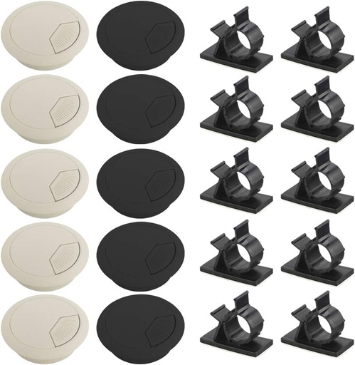 [ITM72153] Job Lot of 20 x Set of 20 Cord Organizers, SourceTon 2 Inch Desk Grommet (5 Black & 5 White) and 10 Pieces Adjustable Cable Tie Clips